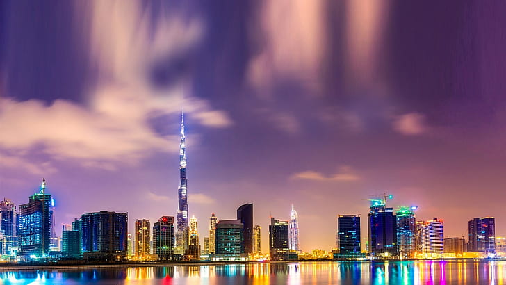 ليلة جميلة في دبي ، برج خليفة ، المباني الشاهقة ، الأضواء ، الماء ، جميل ، الليل ، دبي ، برج خليفة ، مرتفع ، مرتفع ، أبنية ، أضواء ، ماء، خلفية HD