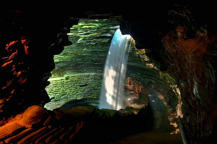 Cascade Cavern Waterfall, water, dlbdata, park, watkins glen, waterfall, 3d and abstract, HD wallpaper