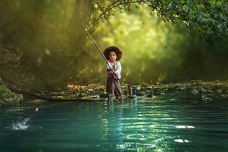 child, fishing, girl, hat, little, HD wallpaper HD wallpaper