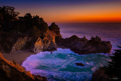 rocce, costa, cascata, CA, paesaggio, vista sul mare, California, Oceano Pacifico, Big Sur, McWay Falls, Sfondo HD HD wallpaper