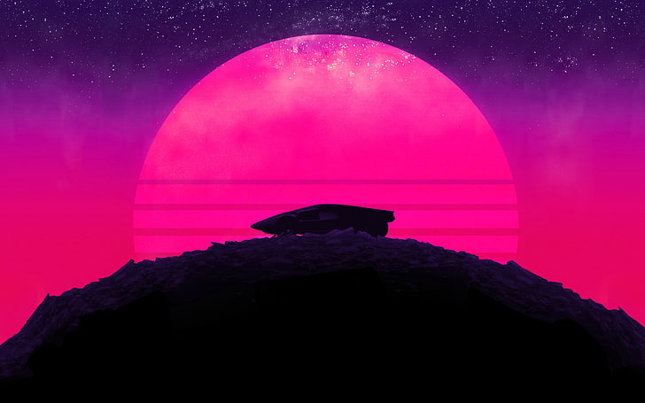 The sun, Auto, Music, Stars, The moon, Neon, Mountain, Machine, Palm trees, Background, Hill, Triangle, Electronic, Synthpop, Darkwave, Synth, Retrowave, Synth-pop, Sinti, Synthwave, Synth pop, Sfondo HD