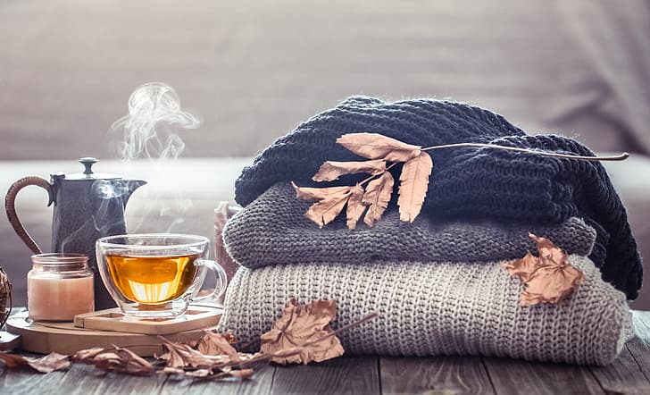 autumn, leaves, wool, sweater, Cup of tea, tea cup, HD wallpaper