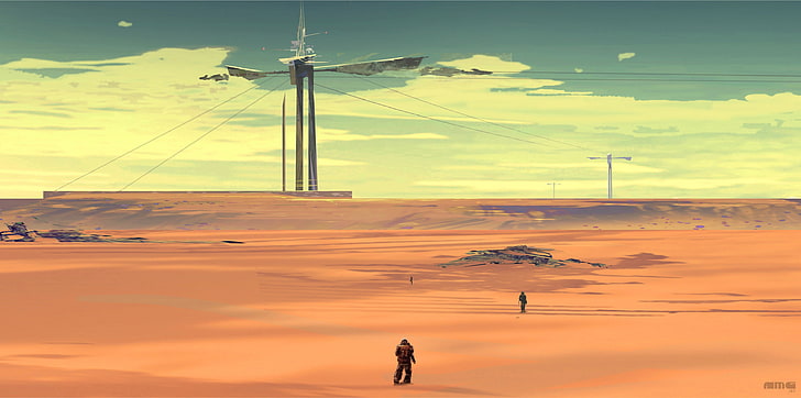 photo of two person walking on desert, desert, landscape, science fiction, HD wallpaper