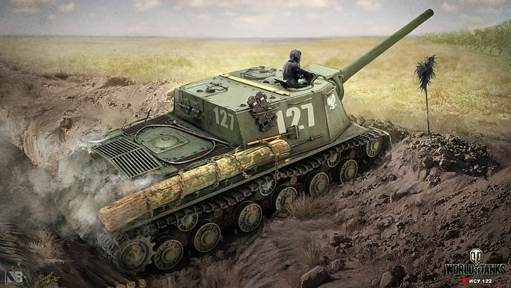 World of Tanks, ISU-122, field, land, art, drawing, World of Tanks, Soviet, Nikita Polyakov, Tank Destroyers, ISU-122, trenches, trench, HD wallpaper