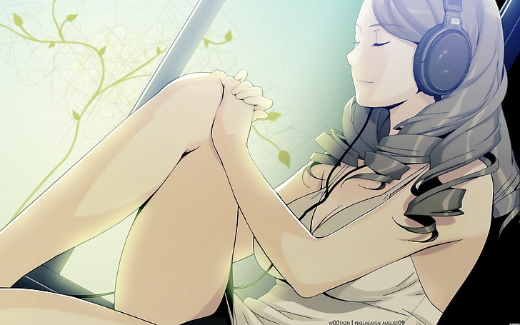 Ilustração de personagem de anime feminino de cabelos grisalhos, anime, garotas de anime, personagens originais, fones de ouvido, olhos fechados, Sennheiser, HD papel de parede