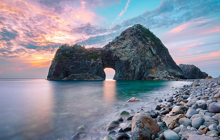 gray rock formation, rock, gates, sunset, beach, stones, sea, nature, landscape, Japan, sky, clouds, water, HD wallpaper