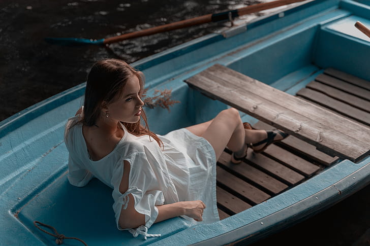 dress, legs, in the boat, Milana ♥ Ushakova, Tanya Belova, HD wallpaper
