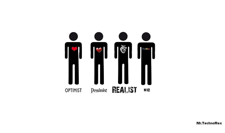 иллюстрация четырех человек, цифровое искусство, сердце, реалист, оптимист, пессимист, текст, HD обои