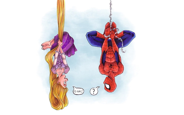 Spider-Man illustration, Rapunzel, spider, Spider-Man, movies, upside down, long hair, Tangled, crossover, comic books, Disney, HD wallpaper