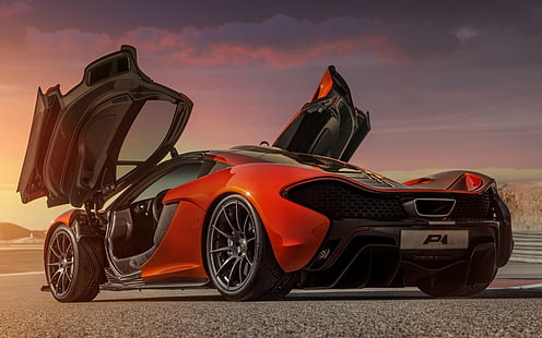 оранжевый McLaren P1, концепт, оранжевый, фон, McLaren, двери, концепт, суперкар, вид сзади, HD обои HD wallpaper