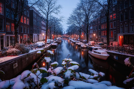 канал, Амстердам, градски пейзаж, Холандия, зима, сняг, HD тапет HD wallpaper