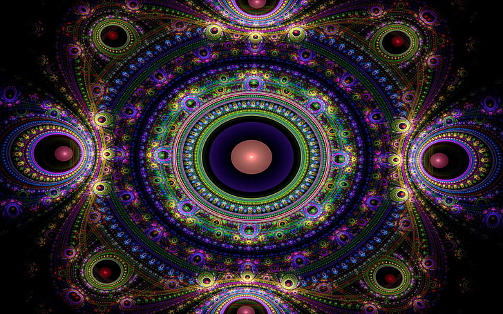 illustrations de mandala violet, vert et rouge, fractale, modèles, formes, Fond d'écran HD
