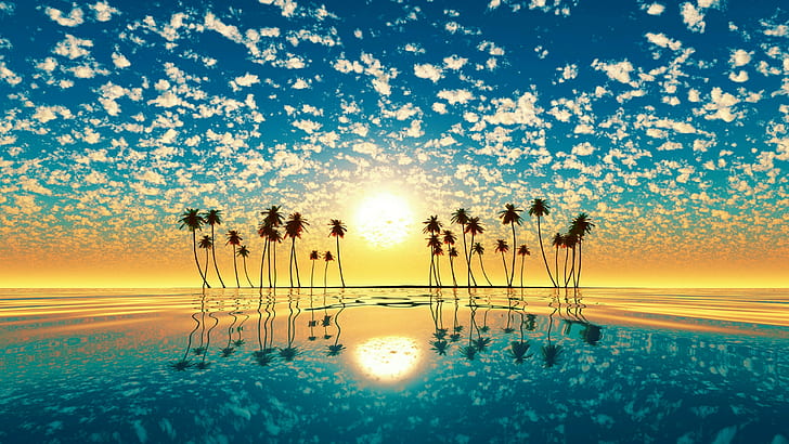 Sunset Horizon Oranye Langit Awan Putih Pohon Palem Laut Refleksi Dalam Air Desktop Hd Wallpaper Untuk Tablet Pc Dan Unduhan Seluler 3840 × 2160, Wallpaper HD