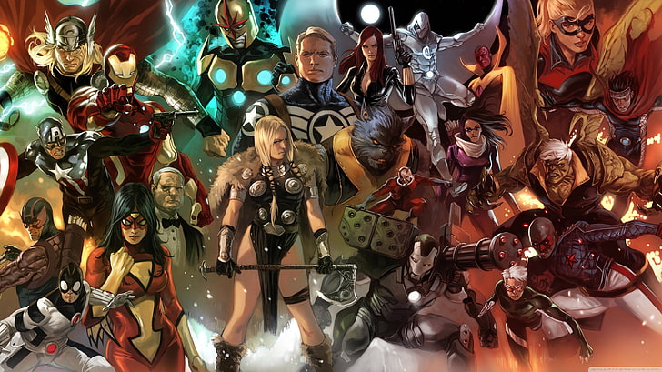 Marvel Iron Man illustration, Marvel Comics, Iron Man, Captain America, Spider Woman, Thor, Black Widow, Hawkeye, Hulk, The Vision, HD wallpaper
