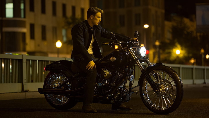black cruiser motorcycle, Captain America, Captain America: The Winter Soldier, Chris Evans, Harley-Davidson, Steve Rogers, HD wallpaper
