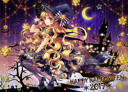 female witch anime character digital wallpaper, Halloween, witch hat, hat, witch, night, animals, bats, blonde, hair bows, braids, long hair, Moon, pantyhose, silhouette, Touhou, wristband, yellow eyes, HD wallpaper HD wallpaper