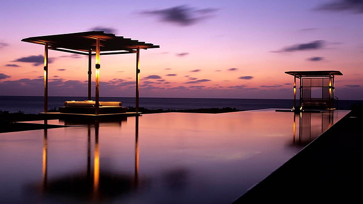 piscine, soirée, resort, tropical, Caraïbes, mer, lumières, eau, plage, nature, paysage, reflet, Fond d'écran HD