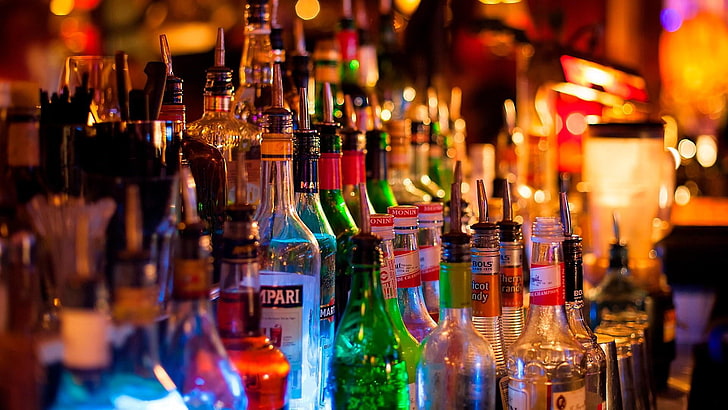 drinks, beverage, drink, liqueur, alcoholic beverage, bottle, bar, alcohol, glass bottle, club, barware, cocktail, light, HD wallpaper