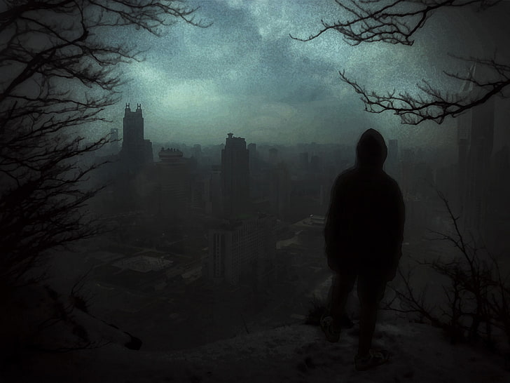 siluet ilustrasi manusia, Shanghai, pemandangan belakang, gelap, sendirian, pohon, hutan, mimpi buruk, Wallpaper HD