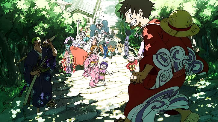 One Piece, kimono, światło słoneczne, cień, Monkey D. Luffy, Roronoa Zoro, Yamato (One Piece), Nami, Jimbei, Tapety HD
