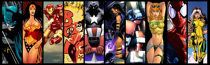 DC и Marvel супергерои дигитален тапет, Marvel Comics, The Avengers, DC Comics, Transformers, Batman, Harley Quinn, Iron Man, Wonder Woman, Captain America, Spider-Man, колаж, Psylocke, Rogue (герой), Gen13, HD тапет