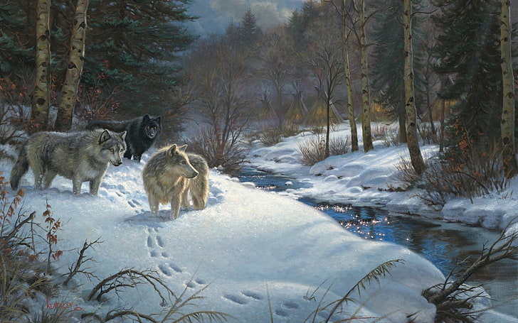 men's white and black dress shirt, wolf, forest, winter, snow, painting, Mark Keathley,  Valley of Shadows, HD wallpaper