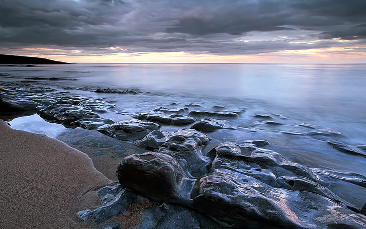 eau, roche, sable, mer, plage, nuages, nature, rivage, Fond d'écran HD