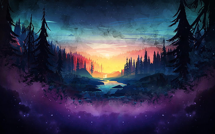 forêt avec illustrations numériques de rivière, peinture de silhouette de sapin, violet, nature, coloré, arbres, forêt, fumée, brouillard, œuvres d'art, Fond d'écran HD