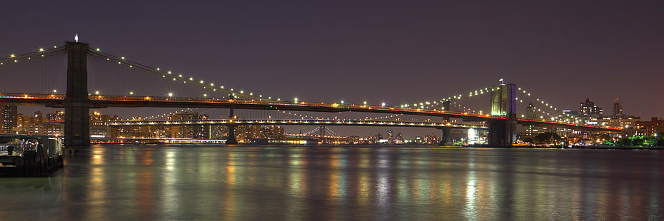 Фото Бруклинского моста в ночное время, Манхэттен, Уильямсбургские мосты, Бруклин, Манхэттен, Уильямсбургские мосты, Мосты, фото, ночь, Нью-Йорк, иконы, Манхэттен # Мост, Уильямсбургский мост, Бруклинский мост, Манхэттенский мост, отражения, Голубой час, длительная выдержка,Большое яблоко, Нью-Йорк, мост - Рукотворное сооружение, Манхэттен - Нью-Йорк, США, архитектура, известное место, Бруклин - Нью-Йорк, городской пейзаж, городской горизонт, городская сцена, город, река, центр города, восточная река, HD обои HD wallpaper