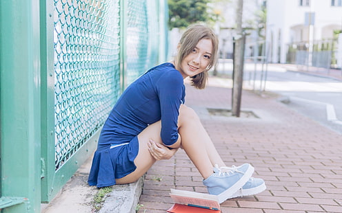 women's blue dress, urban, smiling, women, sitting, legs, women outdoors, Asian, skirt, HD wallpaper HD wallpaper
