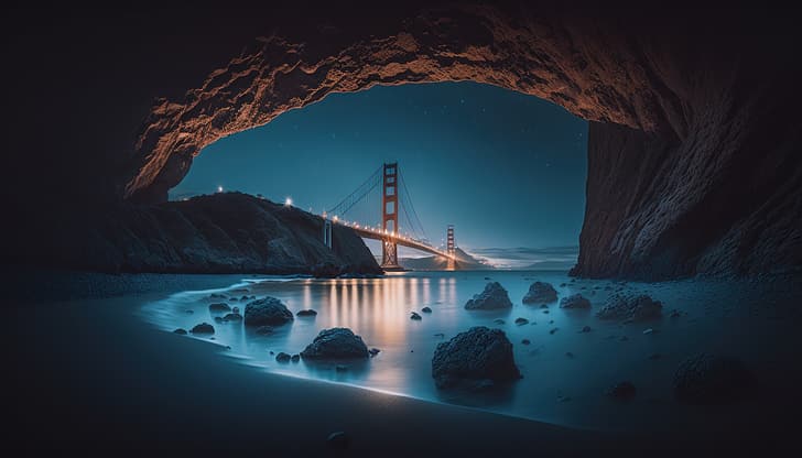 Sztuka AI, most Golden Gate, jaskinia, niebieska godzina, Tapety HD