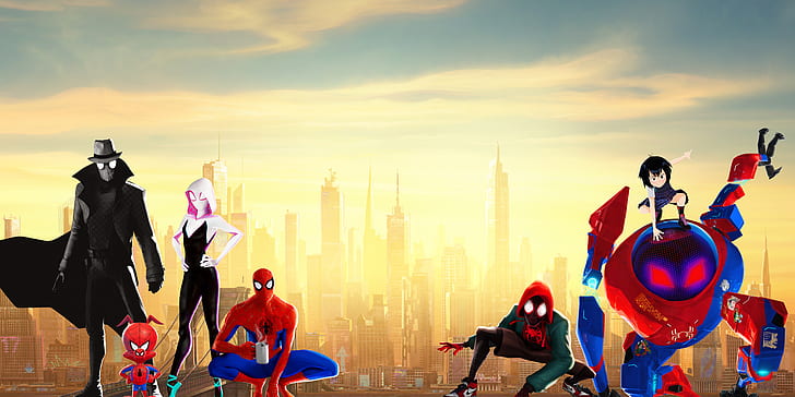 Spider-Man: Into the Spider-Verse, Miles Morales, Spider-Man, Spider-Gwen, Spider-Man Noir, Spider-Ham, Spider-Woman, 4K, 8K, HD wallpaper