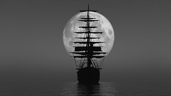 лунни фази, море, кораб, силует, монохромен, превозно средство, Луна, ветроходен кораб, HD тапет HD wallpaper