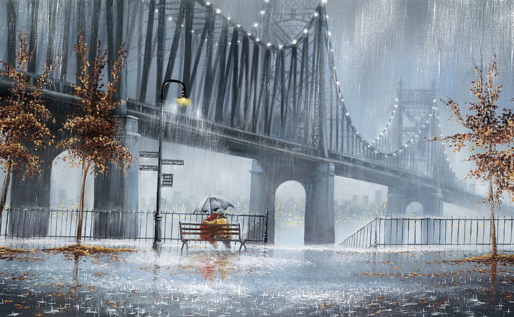 черен метален мост, дъжд, дървета, светлини, улични пейки, две, двойка, чадър, HD тапет