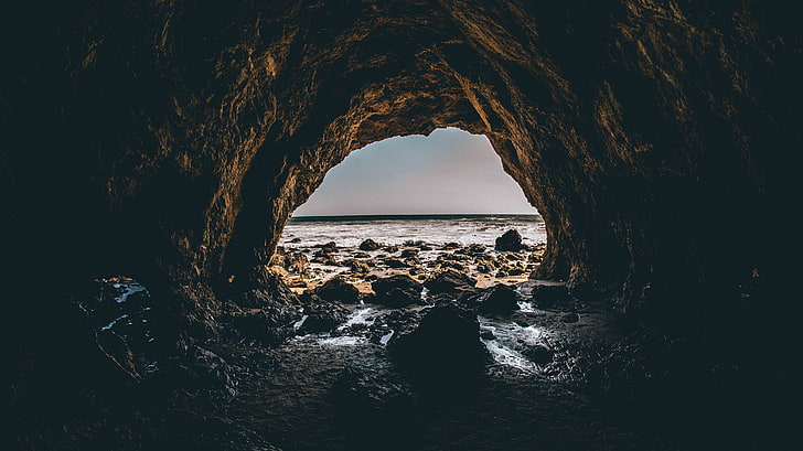 cueva marrón, cueva, mar, piedras, Fondo de pantalla HD