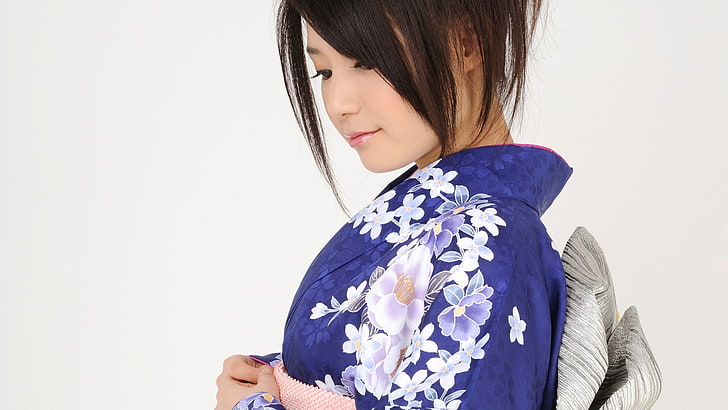 kimono bunga biru wanita, wanita, pakaian jepang, brunette, asia, mata gelap, yukata, wanita jepang, Wallpaper HD