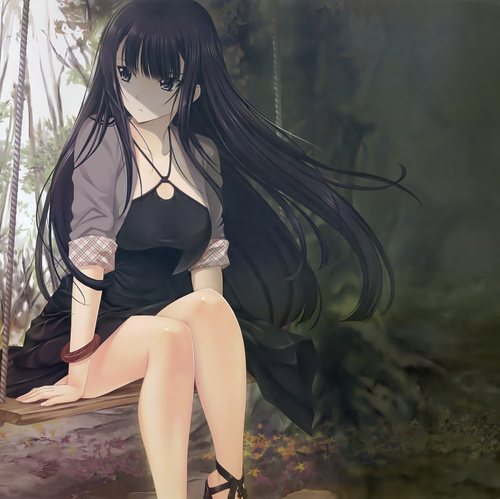 weibliche schwarzhaarige Anime-Figur, Anime, Anime-Mädchen, Yamashiro Kazusa, Kleid, Absätze, lange Haare, schwarze Haare, schwarze Augen, Beine, HD-Hintergrundbild
