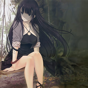personnage d'anime aux cheveux noirs féminin, anime, filles d'anime, Yamashiro Kazusa, robe, talons, cheveux longs, cheveux noirs, yeux noirs, jambes, Fond d'écran HD HD wallpaper