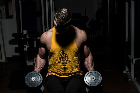 men's yellow tank top, muscles, gym, dumbbells, bodybuilder, HD wallpaper HD wallpaper