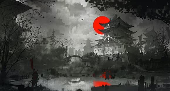 Arte giapponese, monocromatico, Giappone, samurai, Sfondo HD HD wallpaper
