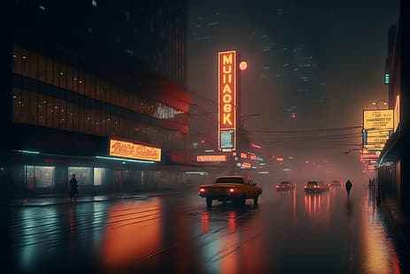 ศิลปะ AI, Blade Runner, ไซเบอร์พังก์, นัวร์, เมือง, ถนน, ฝน, นีออน, นักสืบ, วอลล์เปเปอร์ HD HD wallpaper