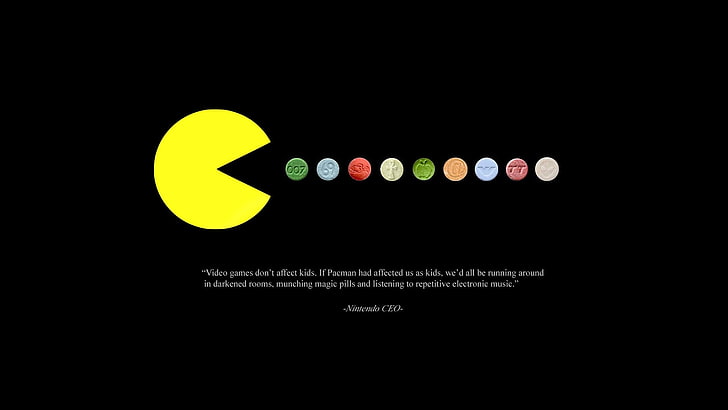 Pac-Man game application, Pacman, video games, quote, pills, minimalism, black background, HD wallpaper