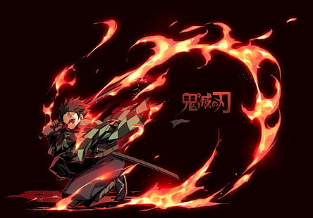  Anime, Demon Slayer: Kimetsu no Yaiba, Boy, Fire, Katana, Kimetsu no Yaiba, Red Eyes, Scar, Tanjirou Kamado, Weapon, HD wallpaper HD wallpaper