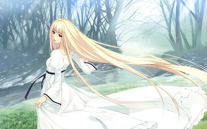 желтоволосая девушка аниме персонаж, девушка, блондинка, ветер, дерево, классно, одежда, вода, HD обои