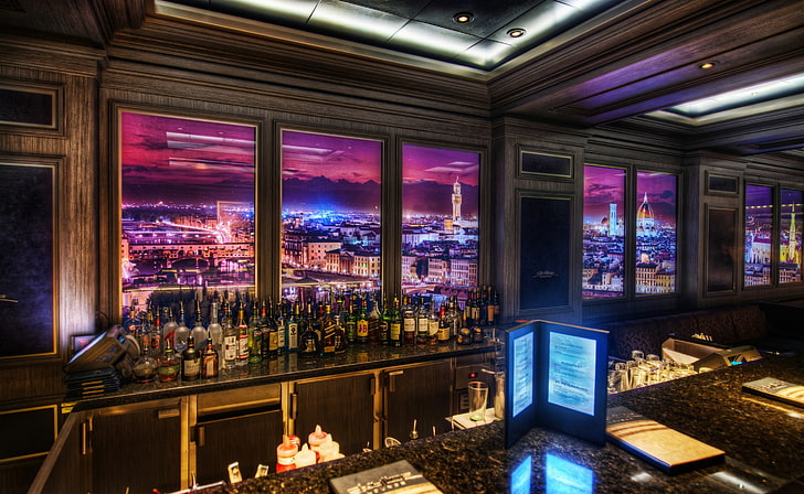Skyline Bar, assorted-brand bottles, Europe, Italy, Design, Interior, Skyline, florence, HD wallpaper