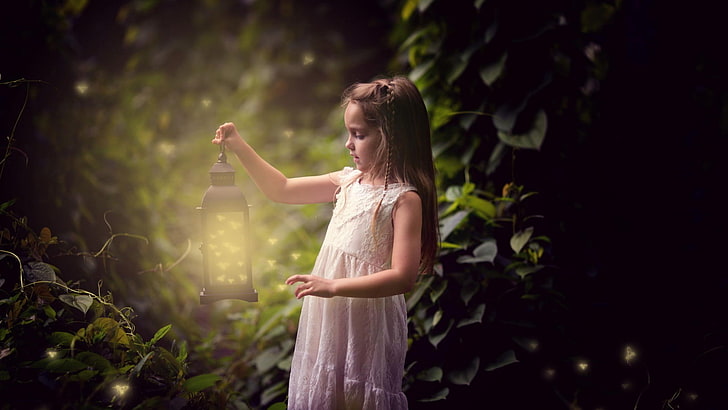 girl's white sleeveless dress, girl wearing white sleeveless dress holding lantern photography, children, little girl, lantern, leaves, HD wallpaper