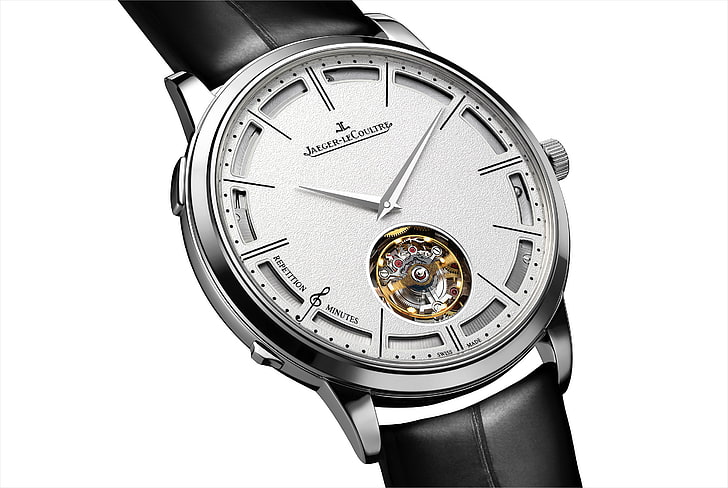 кръгъл часовник със сребърен цвят с черна кожена каишка, jaeger lecoultre, hybris Mechanica 11, часовници, HD тапет