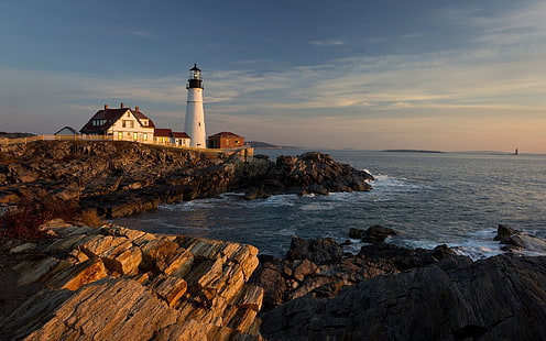 white lighthouse, landscape, nature, sea, lighthouse, coast, Portland, Portland Head Light, HD wallpaper HD wallpaper