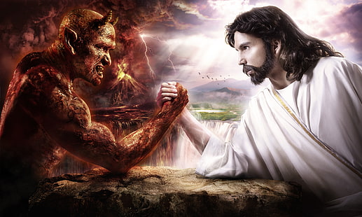 Fondo de pantalla digital Jesús vs Diablo, arte digital, Dios, Satanás, Fondo de pantalla HD HD wallpaper