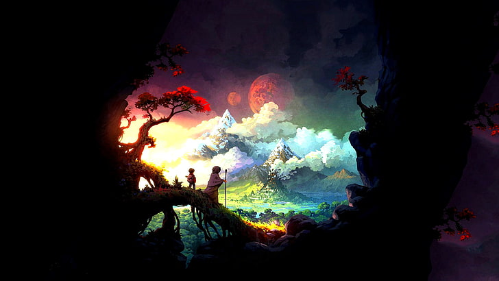 планина и облаци дигитален тапет, два аниме персонажа, стоящи на дървесен клон с лице към планина и червена луна илюстрация, пейзаж, произведения на изкуството, цифрово изкуство, фентъзи, HD тапет